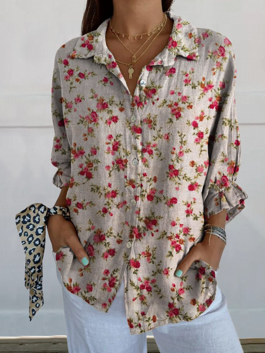 Women's Vintage Elegant Floral Art Print Casual Linen V-neck Shirt