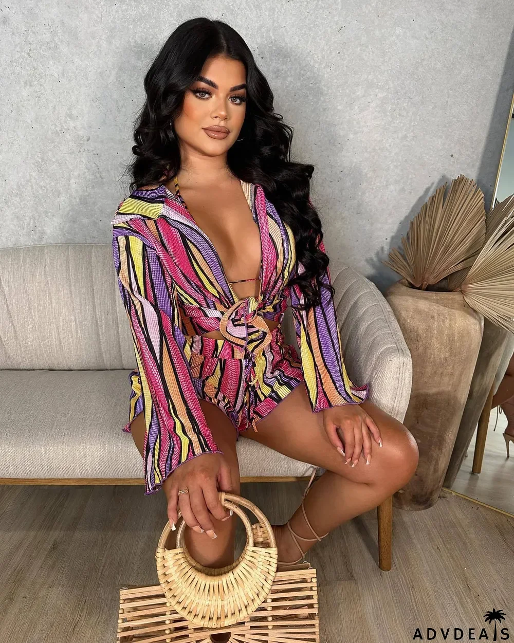 Sexy Print Cross Halter Bra+Cardigan+Short Three Piece Sets