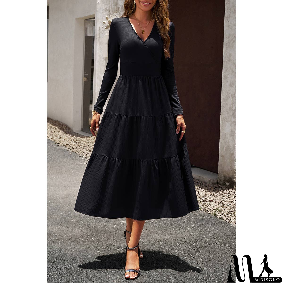 MidiSono - Elastic Waist Fit A Line Color Block Ruffle Dress