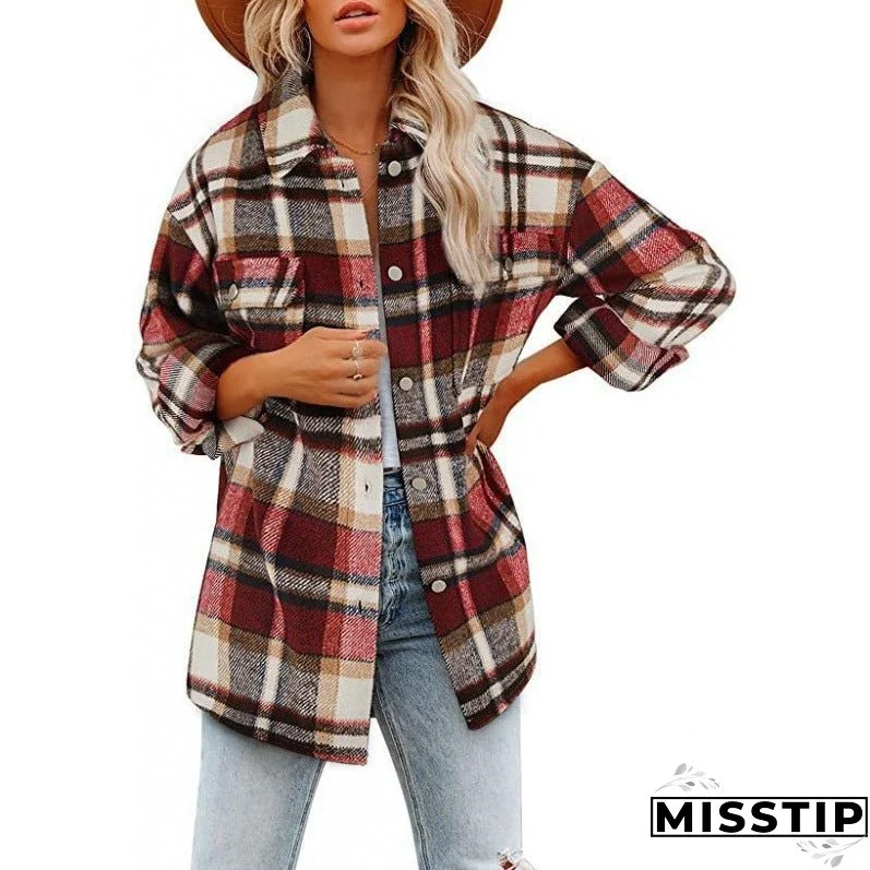 Women's Long Sleeve Loose Plaid Shirt Woolen Coats