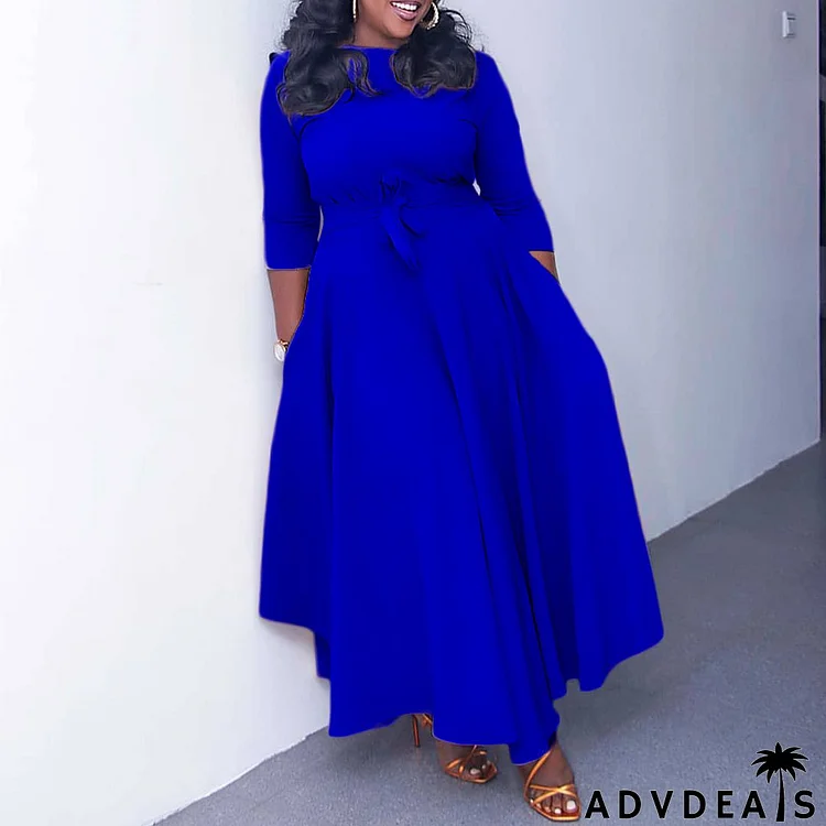 Plus Size Women Casual Basic Solid Color Long Sleeve Maxi Dress