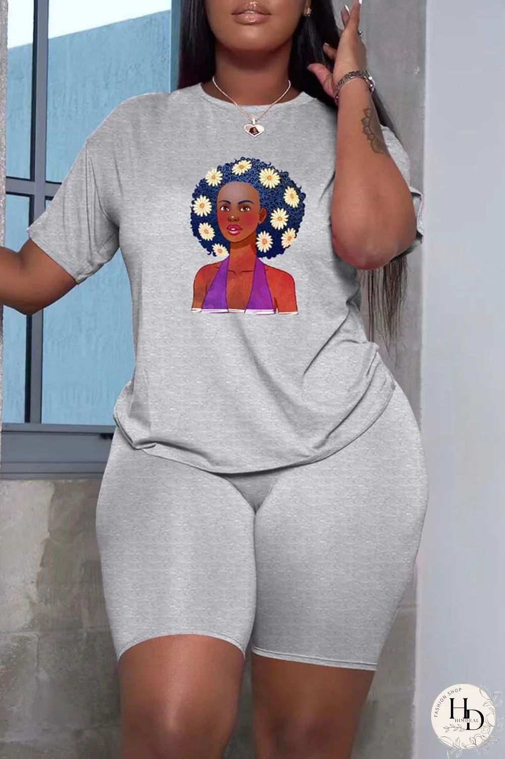 Black Casual Print Basic O Neck Short Sleeve Two Pieces