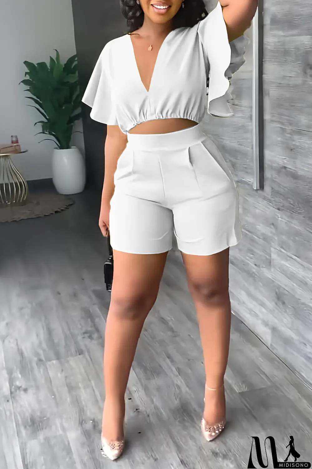 MidiSono - Yellow Casual Solid Patchwork Flounce V Neck Short Sleeve Two Pieces