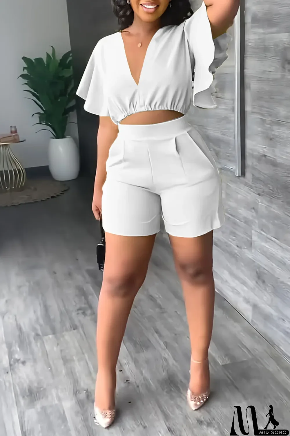 MidiSono - Yellow Casual Solid Patchwork Flounce V Neck Short Sleeve Two Pieces