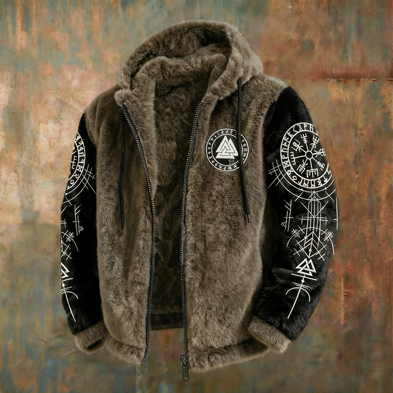 Men's Viking Art Flannel Cozy Warm Zipped Hooded Jacket elevenforest