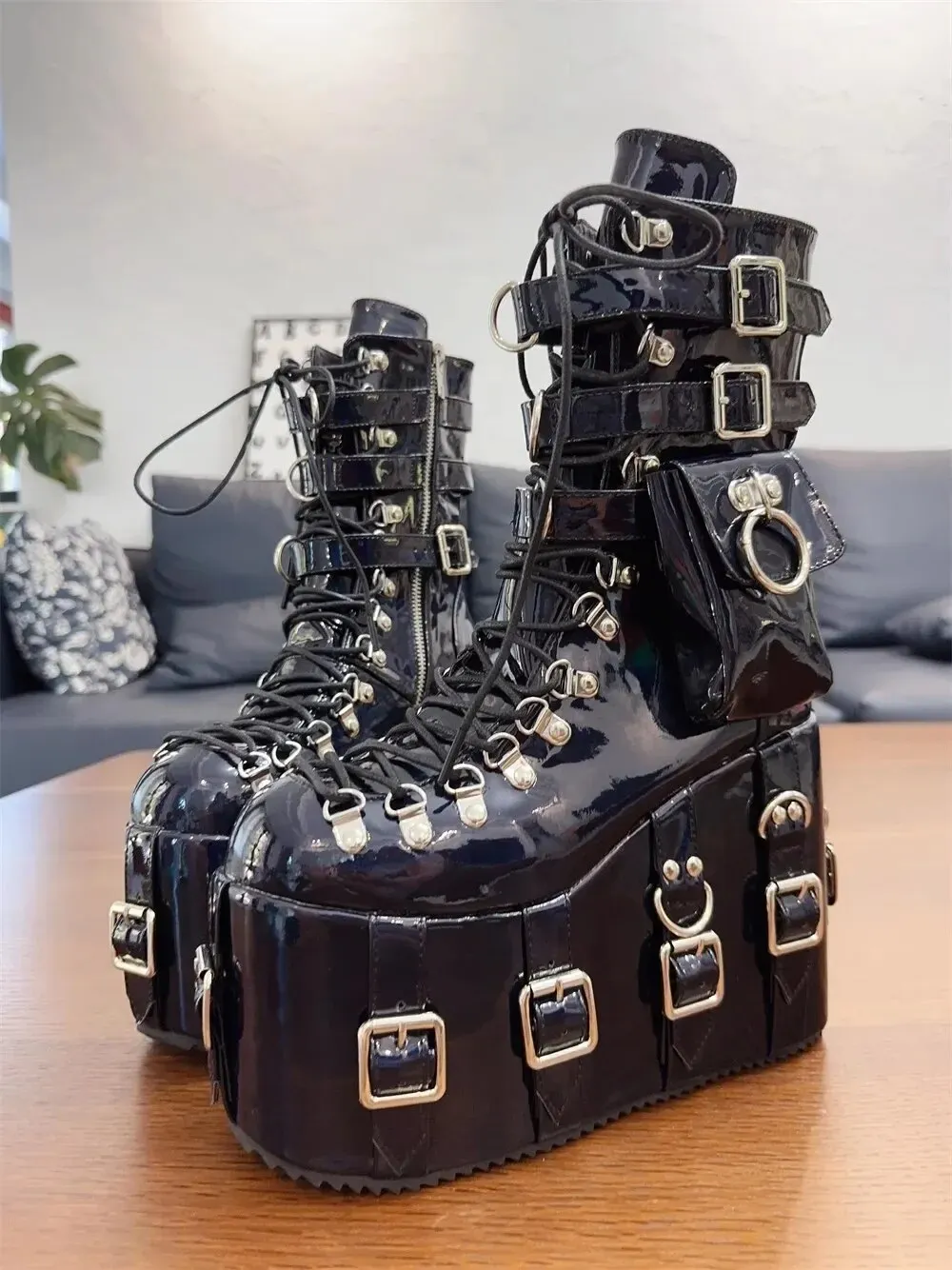 VCshoes Women Ankle Martin Boots Woman High Wedges Heels Pumps Cool Lady Metal Buckle Dark Motorcycle Boots Short Punk Boots Blue Black