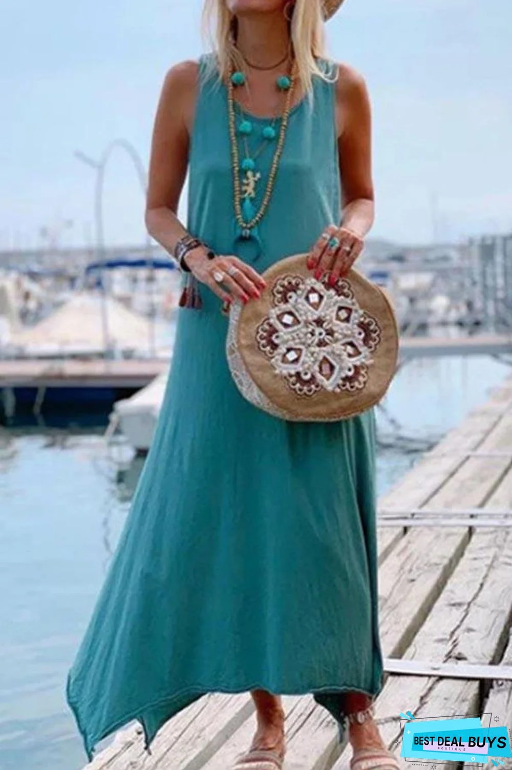 Sleeveless Back Print Crew Neck Holiday Slit Maxi Dress