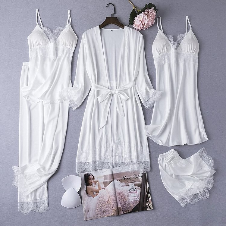 White Silk Pajamas Set Women 5PCS Bride Wedding Robe Nightgown Sexy Lace Chemise Sleepwear Kimono Bathrobe Gown Lingerie
