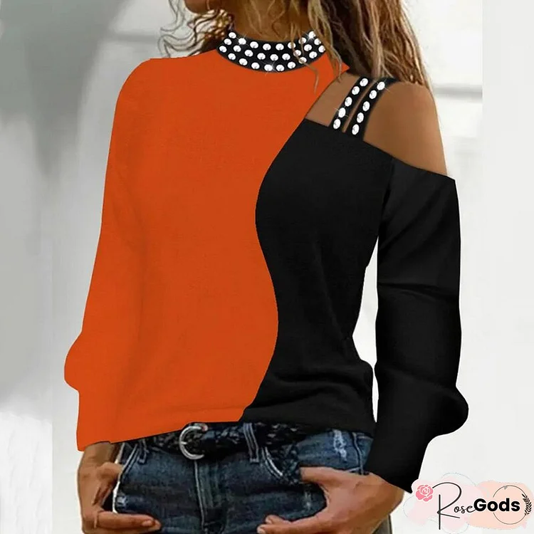 Women Elegant Color Blocking Blouse Casual O-Neck Long Sleeve Loose Shirts Fashion Diamond Studded Hollow Halter Pullover Tops