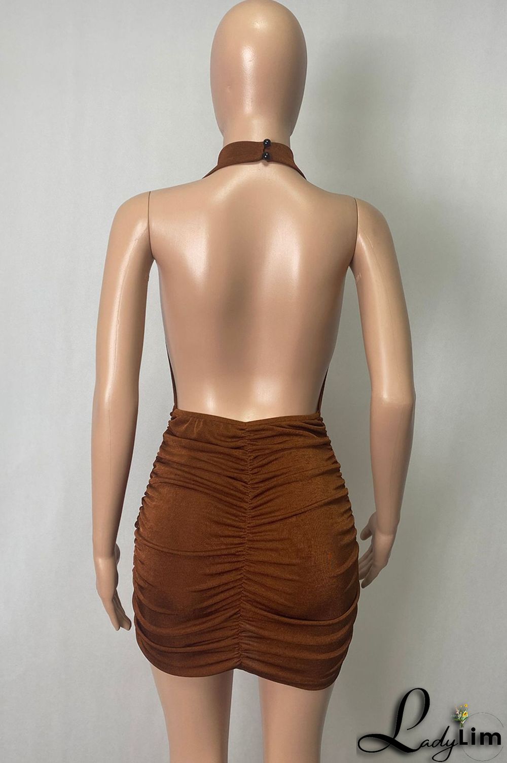 Deep Blue Fashion Sexy Solid Backless Fold Halter Sleeveless Dress