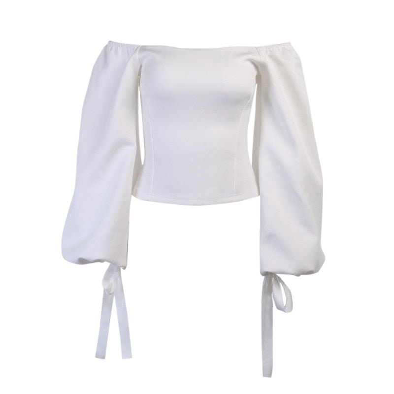 Elegant Sexy Slash Neck Women's T Shirt Vintage Lantern Sleeve Bandage Casual White Tee Shirts Slim Solid Office Lady Tops 20911
