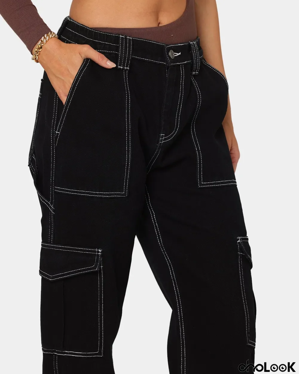 Women's High Waist Elastic Waist Drop Pants Loose Wide Leg Cargo Multi Pocket Denim Pants