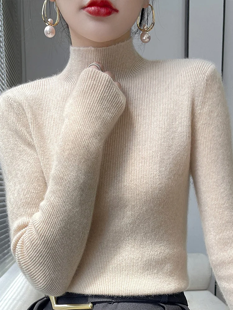 Casual Mock Neck Solid Long Sleeve Slim Knitted Sweater