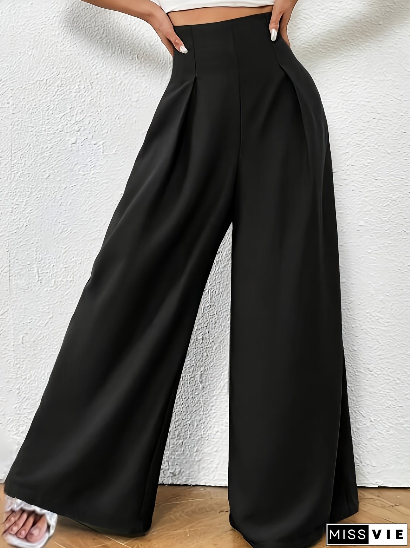 Plus Size Solid Pleated Wide Leg Pants, Casual High Waist Pants, Women's Plus Size Clothing