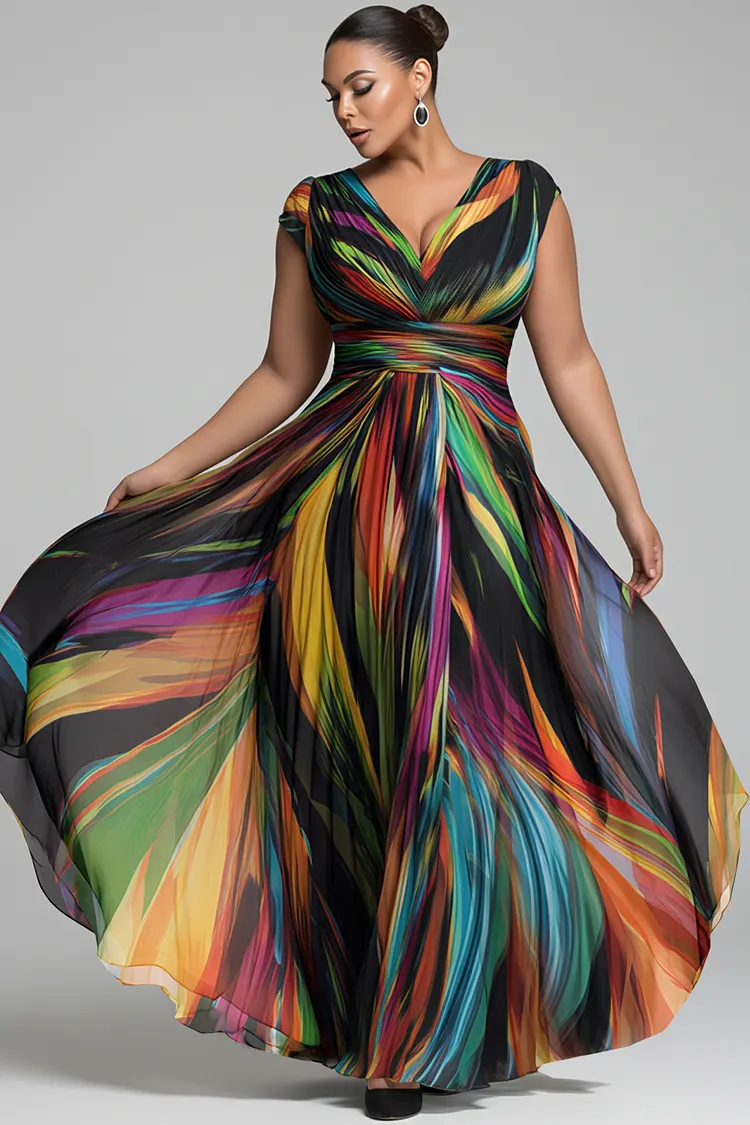 Xpluswear Design Plus Size Formal Elegant Multicolor Colorblock V Neck Short Sleeve Chiffon Maxi Dresses [Pre-Order] 2024 - Xpluswear