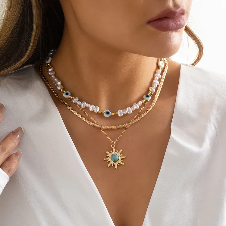 Vintage Contrast Color Personality Eye Pearl Necklace-Accessories
