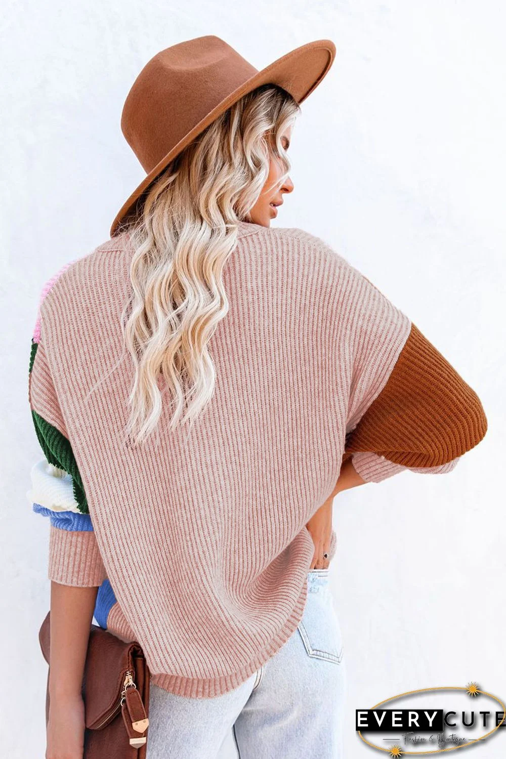 Pink Color Block Buttons Drop-Shoulder Sleeve Cardigan