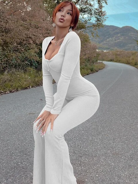 Autumn Ribbed   Clothes Long Sleeve Bodycon Skinny Flare Jumpsuits Women 2023 Club Streetwear Romper Outfits