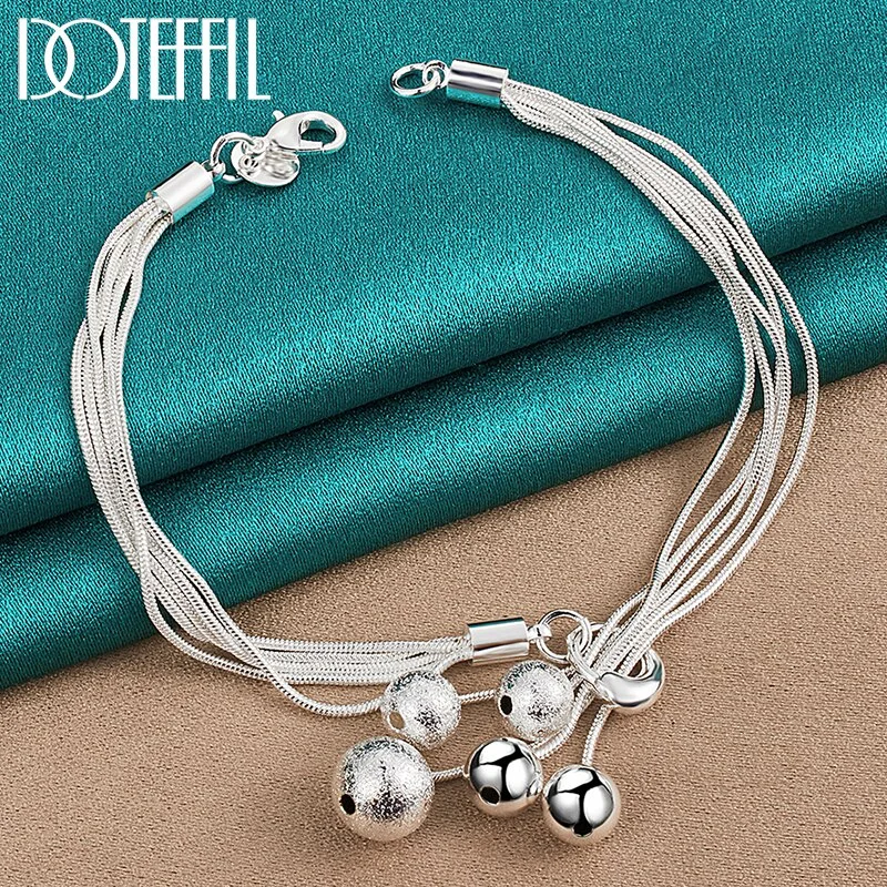 925 Sterling Silver Snake Chain Smooth Matte Beads Pendant Bracelet For Woman Jewelry