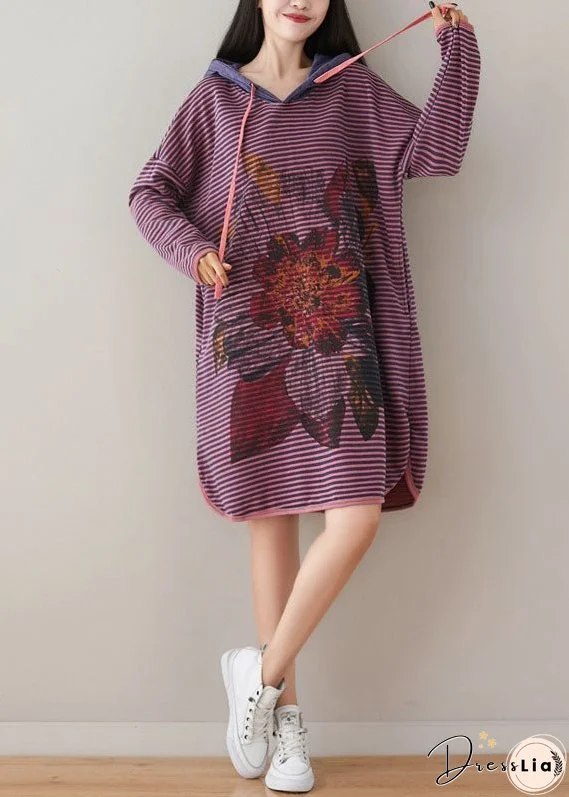Plus Size Purple Hooded Striped Print Cotton Sweatshirt Dress Spring