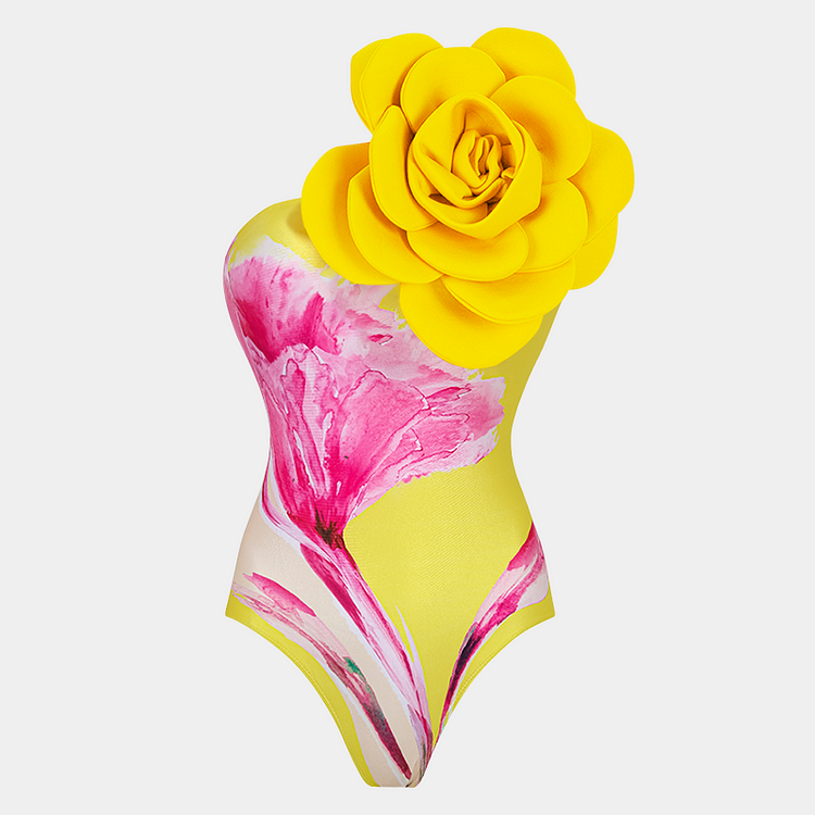 3D Flower Printed One Piece Swimsuit and Skirt