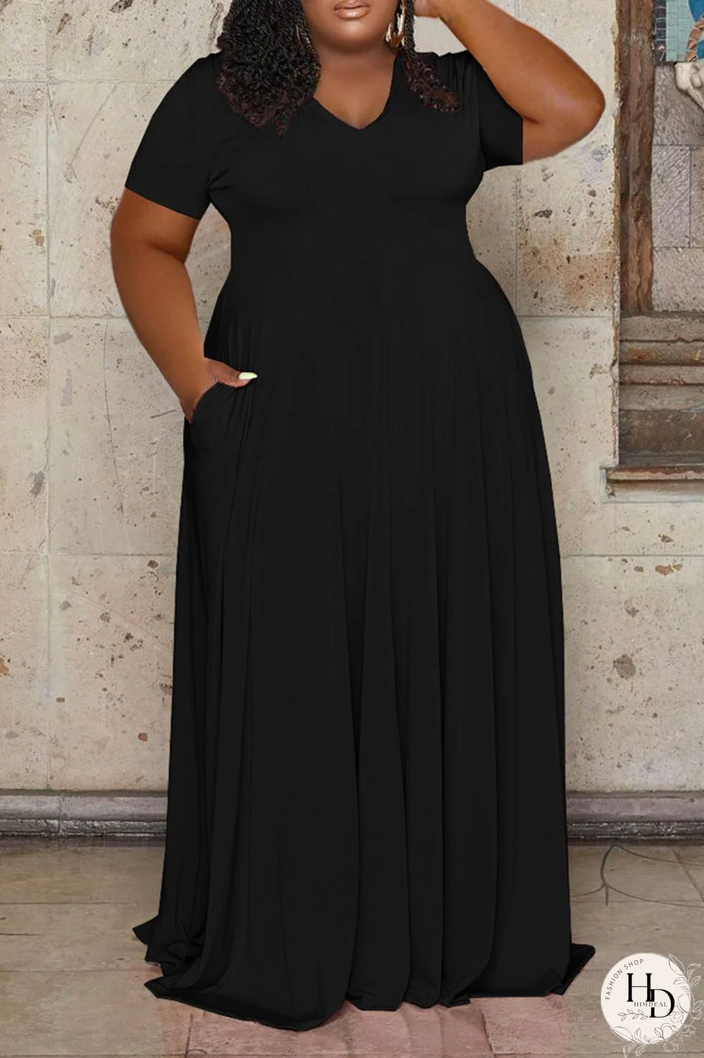 Black Casual Solid Patchwork V Neck Straight Plus Size Dresses