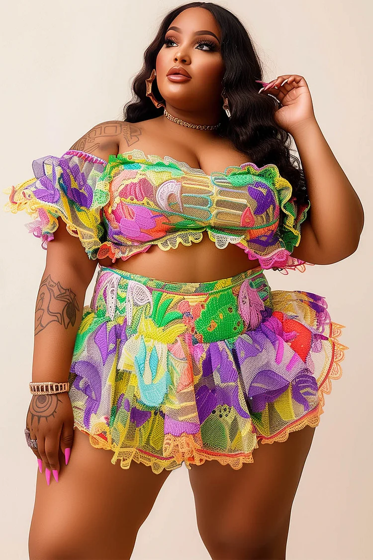 Xpluswear Design Plus Size Vacation Multicolor Graphic Print Off The Shoulder Ruffle Two Piece Skirt Sets [Pre-Order]