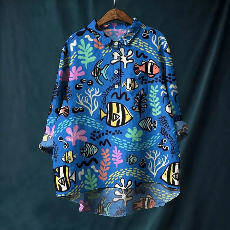 Doodle Style Underwater World Pattern Cotton And Linen Shirt