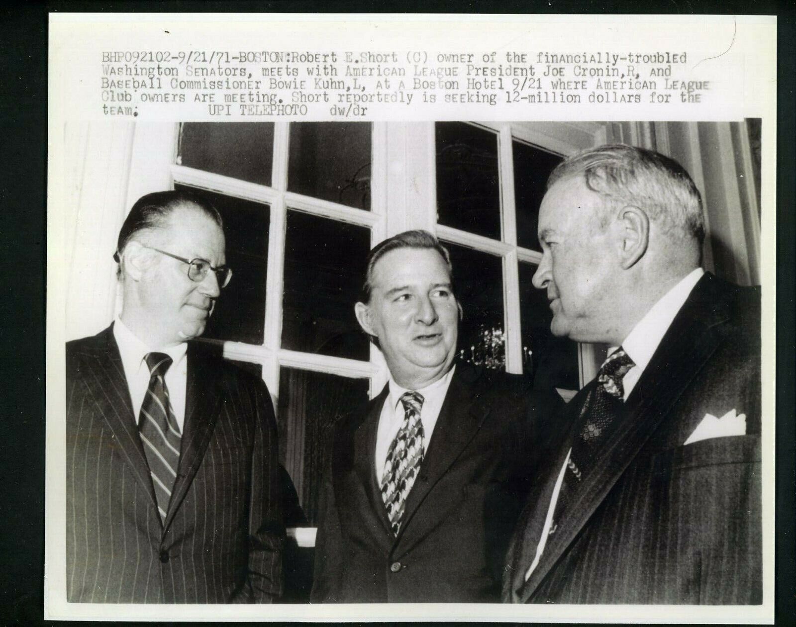 Bowie Kuhn Robert Short Joe Cronin 1971 Type IV Press Photo Poster painting Washington Senators