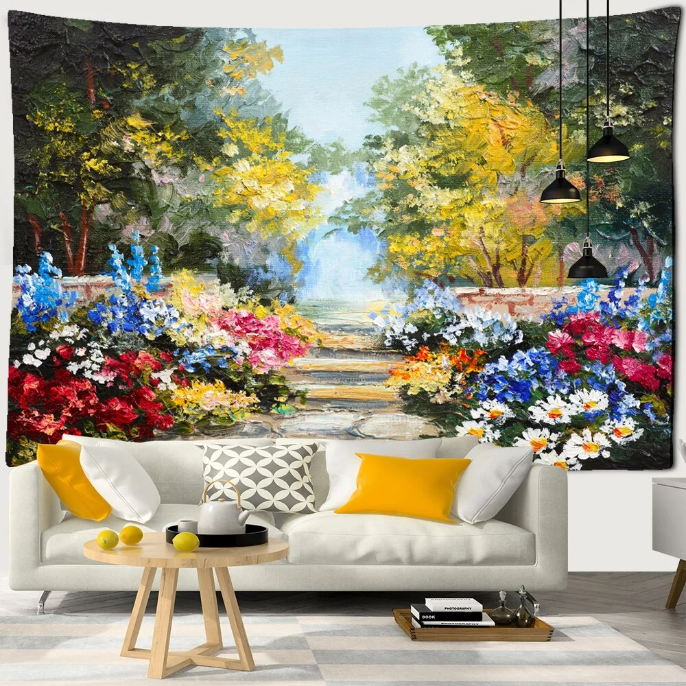 Flower Forest Oil Painting Wall Hanging Tapestry Retro Print Decor Flowers Picnic Mat Bohemia Hippie Wall Carpets Dorm Decor