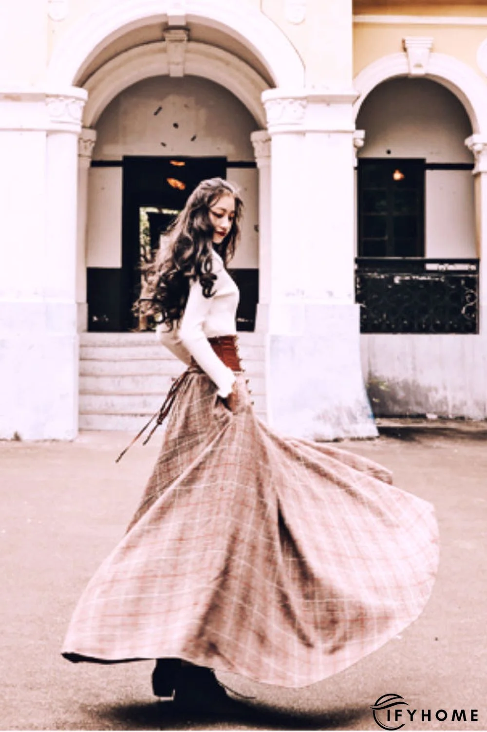 Women Checkered Skirts Vintage High Waisted Button Long Maxi Cotton-Blend Drawstring Skirts | IFYHOME