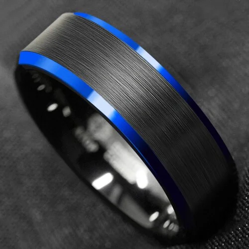 6MM 8MM Women's Or Men's Tungsten Carbide Wedding Blue Edge Ring with Black Matte Finish Top