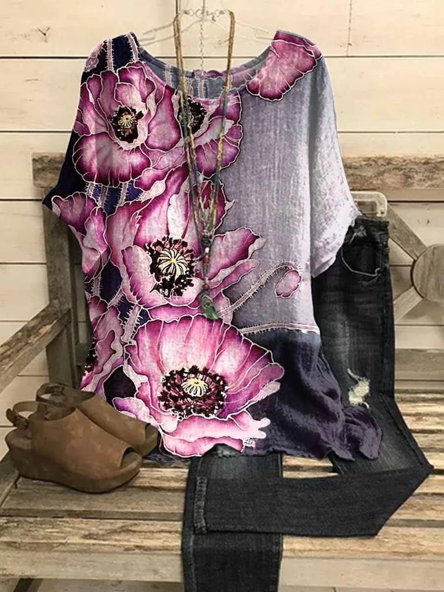 Women's Poppy Flower Printed Casual Top