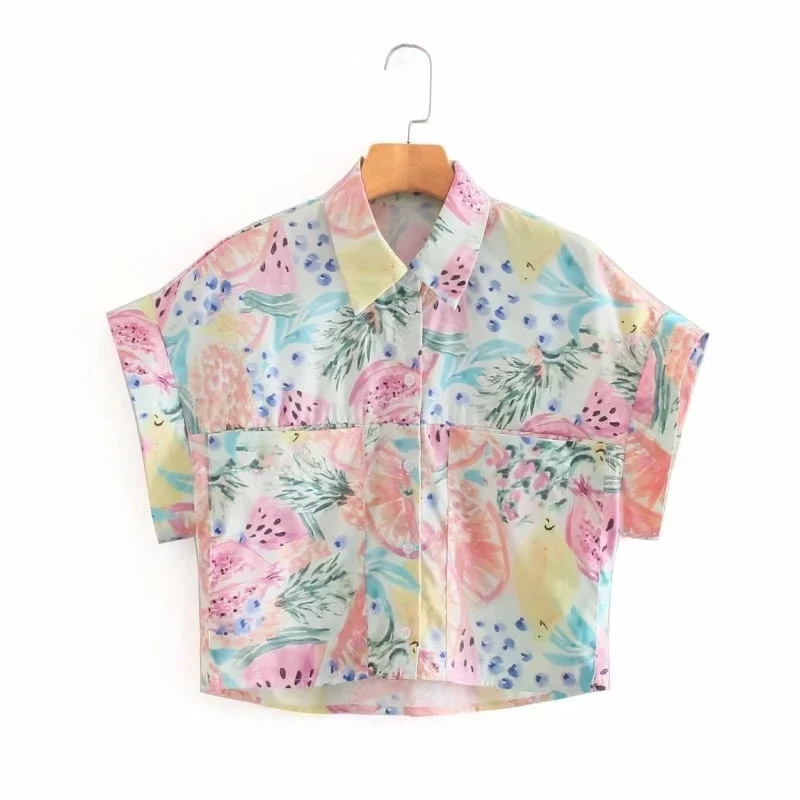 Summer Women Fruit Printing Raglan Sleeve Short Shirt Female Patch Pocket Blouse Casual Lady Loose Tops Blusas S8988
