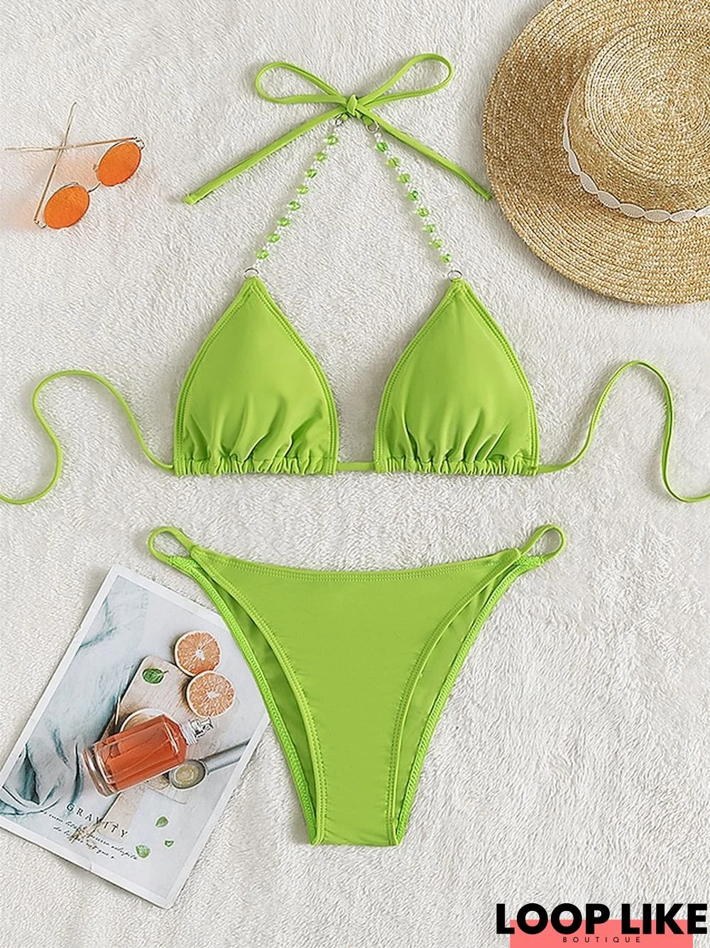 Women's Swimwear Bikini 2 Piece Normal Swimsuit Backless string Pure Color Green Halter Plunge Bathing Suits New Vacation Fashion
