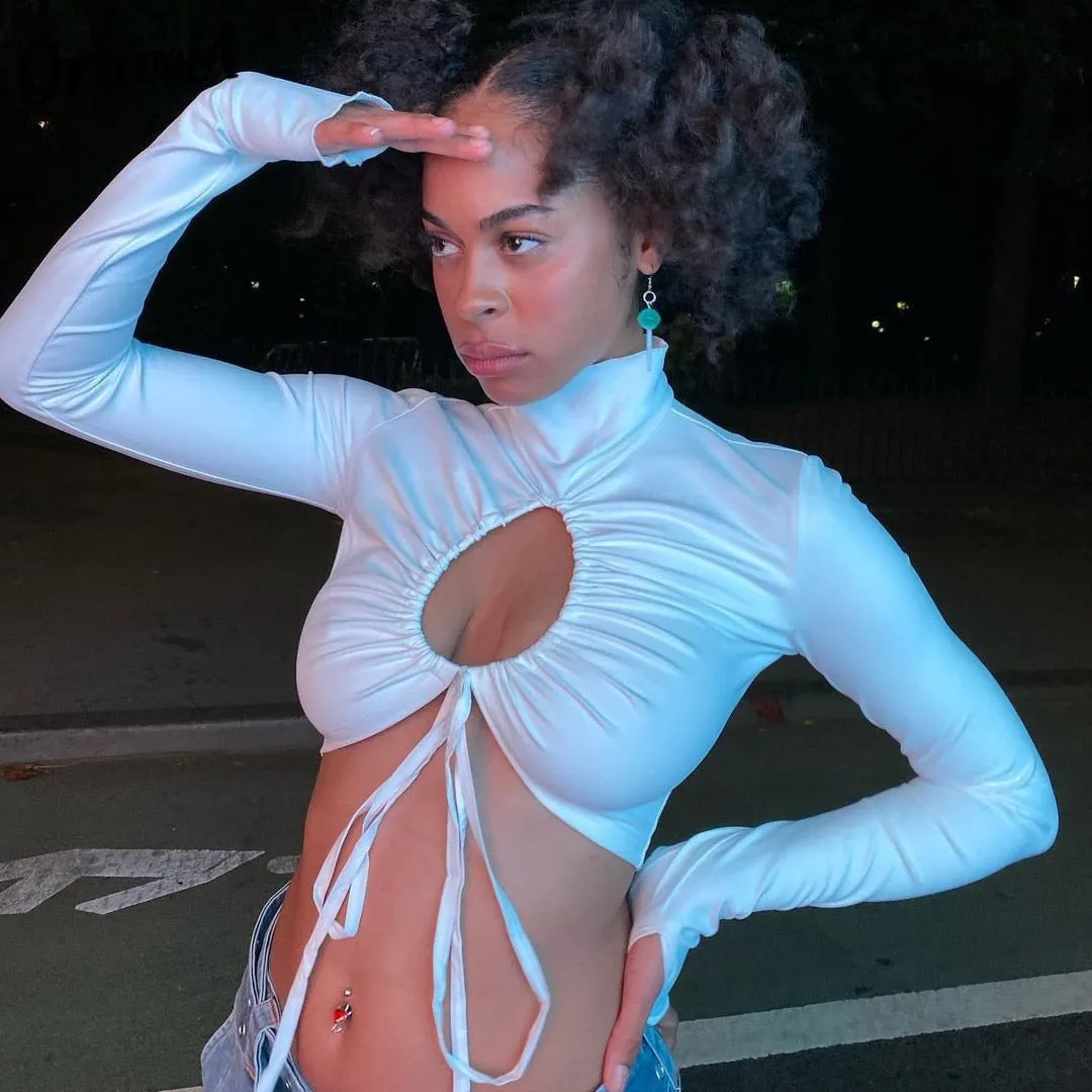 OrangeA 2021 Autumn Women Sexy Hollow Out T-Shirt Drawstring Lace Up Turtleneck Ruched Tops Hot Street Party Clubwear Outfits