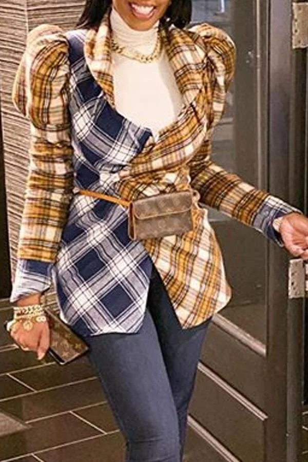 Casual Plaid Printing Stitching Puff Sleeve Coat