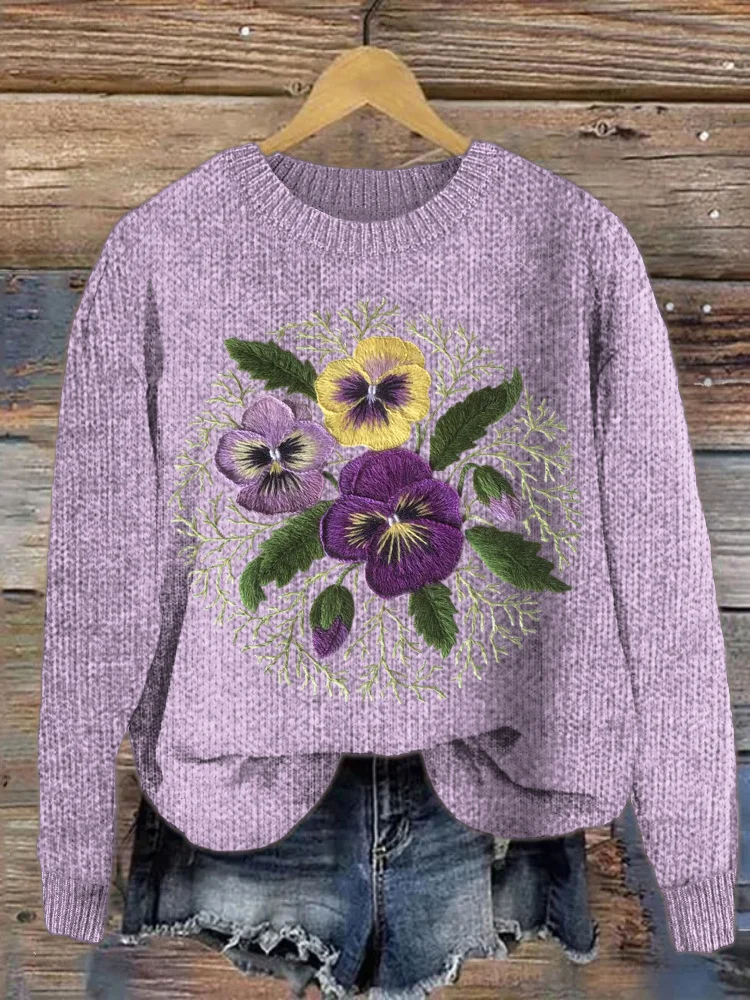 VChics Butterfly Orchid Embroidery Cozy Sweater