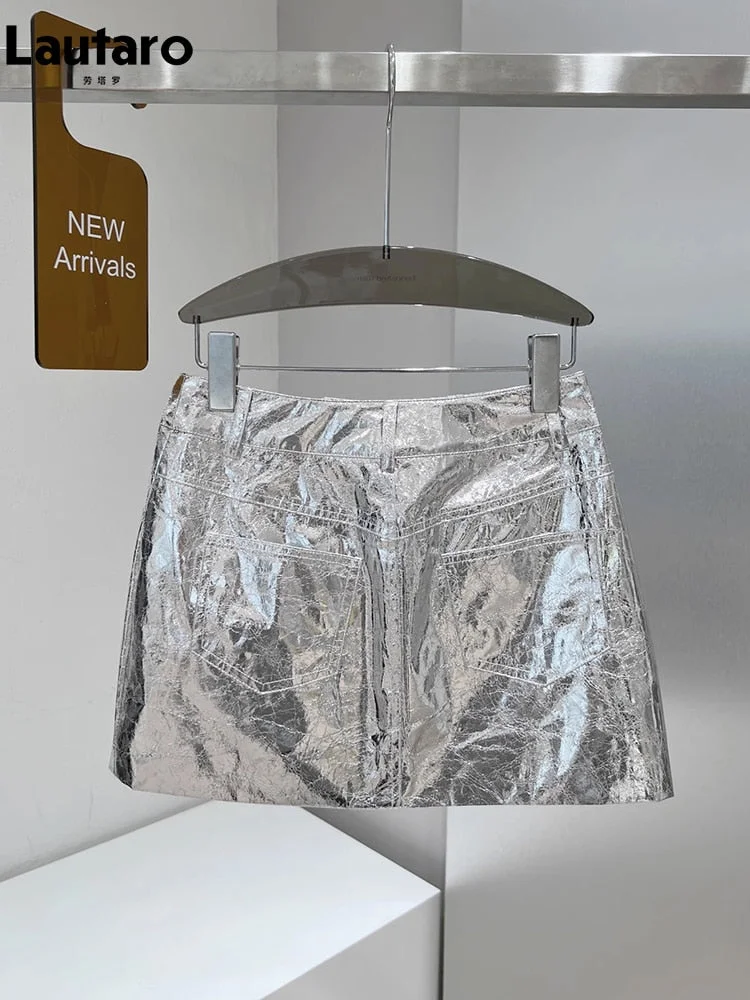 Huiketi Summer Autumn Silver Reflective Shiny Patent Leather Mini Skirts for Women High Waist Sexy Y2K Style Clothes Streetwear