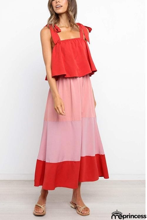 Color Block Bow Slip Maxi Dress