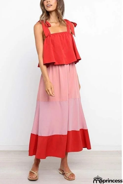 Color Block Bow Slip Maxi Dress