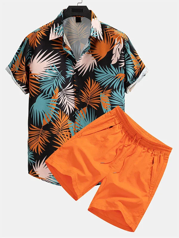 Leaf pattern button-down top and men's mid-length drawstring swim shorts