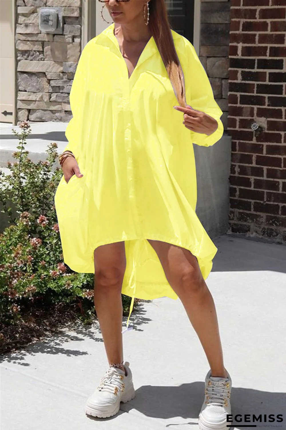 Yellow Casual Shirt sleeves Long Sleeves Turndown Collar Straight Knee-Length Solid Dresses | EGEMISS