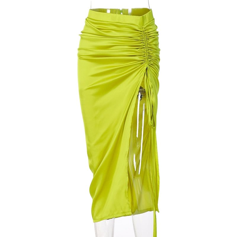 Dulzura Solid Drawstring Lace Up Ruched High Waist Satin Midi Skirt Slit Bodycon Sexy Streetwear 2021 Autumn Winter Clothes