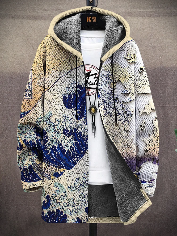 Men's Great Wave Scenery Puzzle Art  Print Hooded Trench Coat