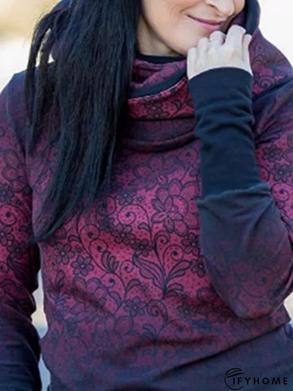 Black Cotton-Blend Geometric Long Sleeve shirt Top | IFYHOME