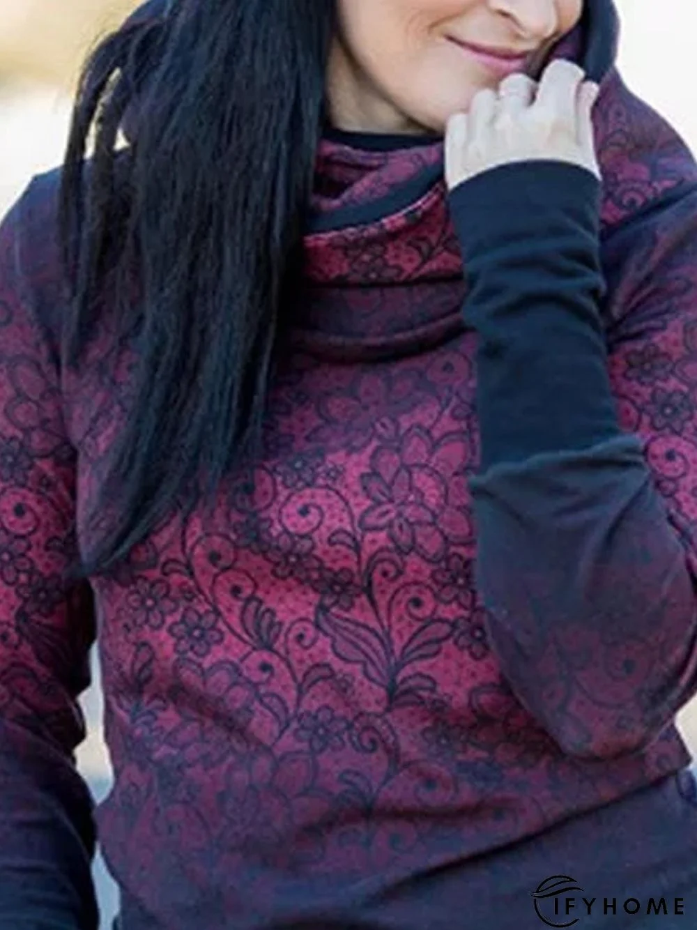 Black Cotton-Blend Geometric Long Sleeve shirt Top | IFYHOME