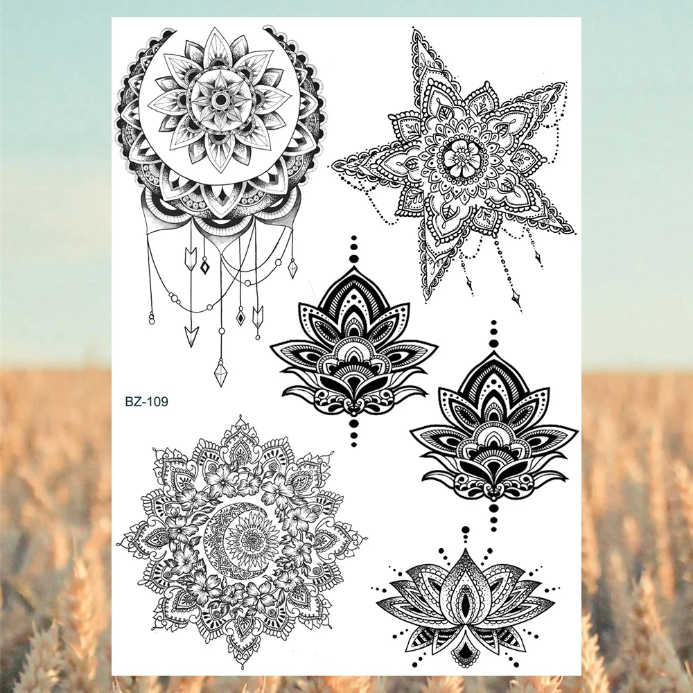 Sdrawing Mandala Lotus Pendant Sexy Henna Temporary Tattoos For Women Underboob Adult Butterfly Feather Fake Tattoo Arm Tatoos
