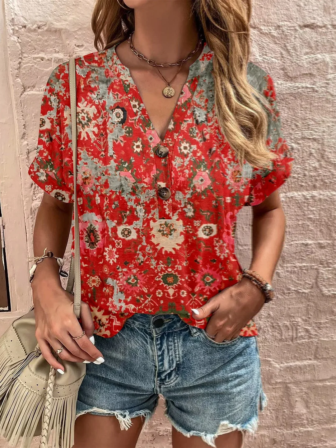 Women's Summer Short Sleeve V-neck Button Gradient Print Fashion Casual Top