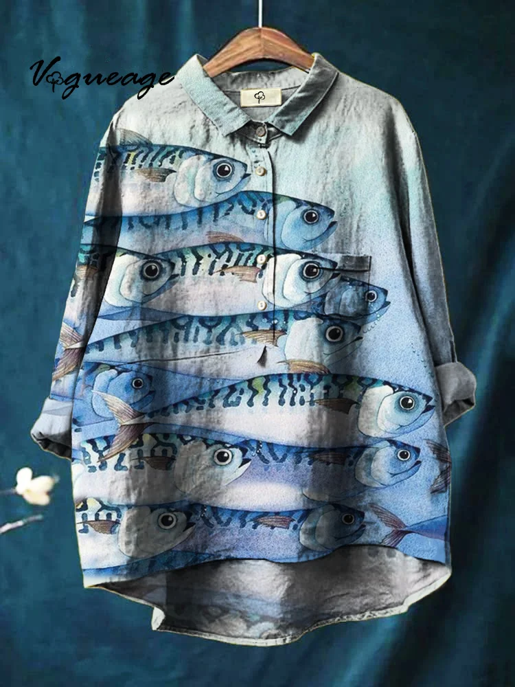 Leisure Marine Animals Fish Print Cotton And Linen Shirt